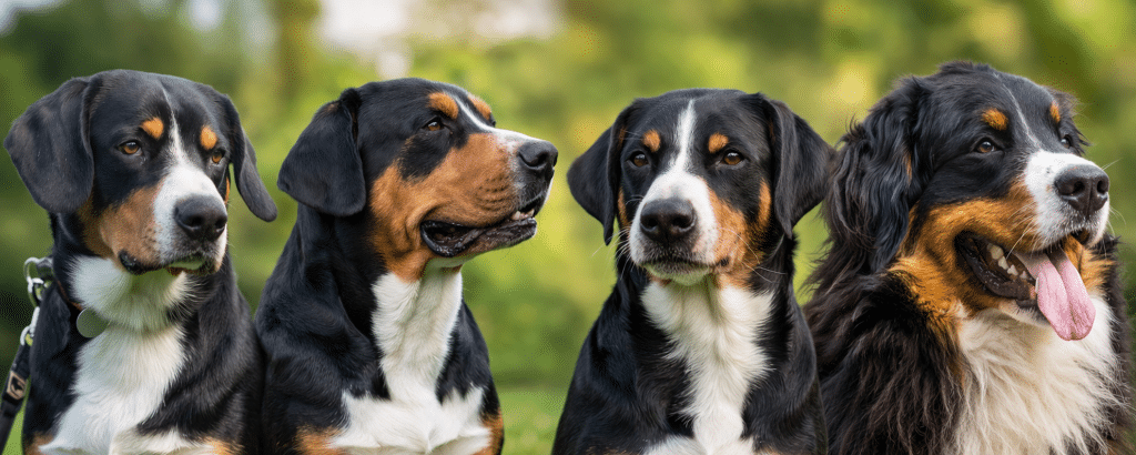 Vier Schweizer Sennenhunde im Porträt: Entlebucher, Großer Schweizer, Appenzeller und Berner Sennenhund.